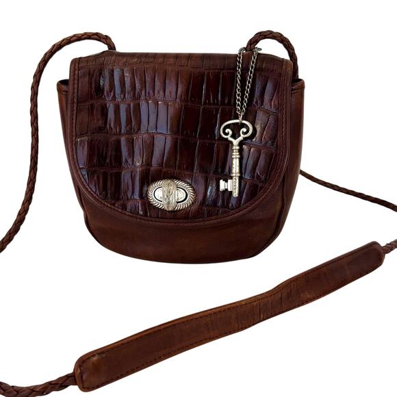 Fossil Vintage Brown Leather Crossbody Shoulder Bag Braided Strap Embossed Flap - Picture 1 of 14